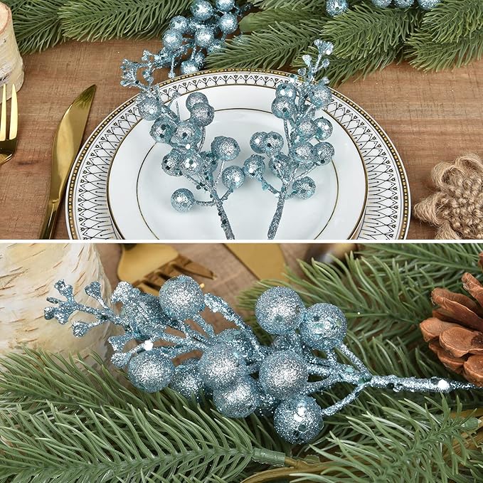 Red Berries, 14 Pack Artificial Berry Stems for Christmas Tree Decorations, Crafts, Holiday and Home Decor, 7.9 Inches (Light Blue)