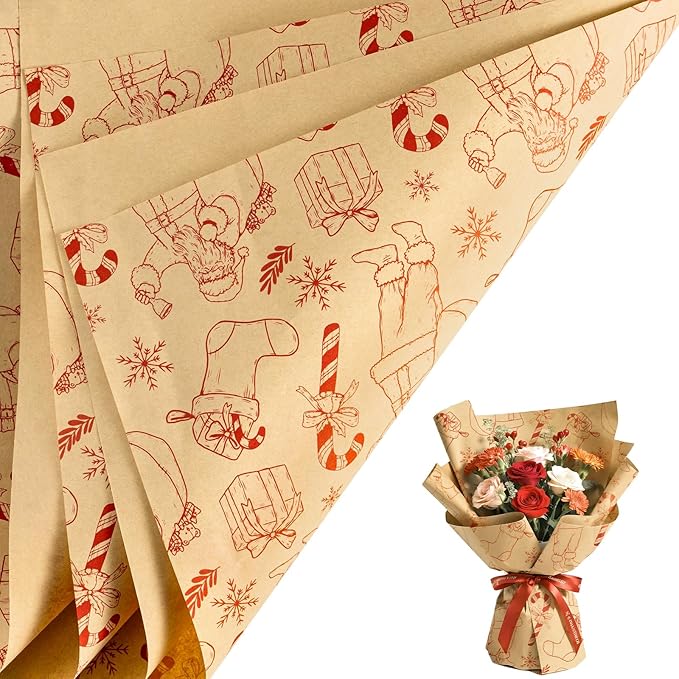LeZakaa 20 Sheets Kraft Christmas Flower Wrapping Paper, Red Santa Sketch on Kraft Floral Bouquet Paper Gift Wrap for Christmas, Winter Holiday Party Packaging