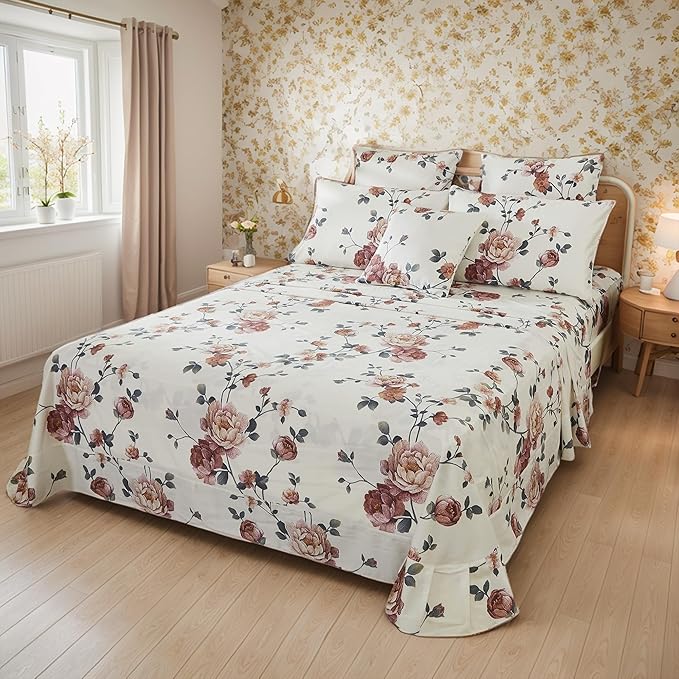 FADFAY Sheets Set Twin XL Shabby Beige Floral Bedding Elegant Peony Sheets Set Vintage Flower Bedding Collections 800 Thread Count 100% Egyptian Cotton Deep Pocket Fitted Sheet, 4Pcs-Twin XL Size