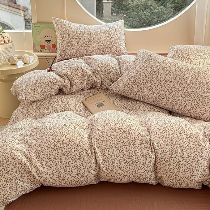 EAVD Chic Garden Small Floral Duvet Cover Twin Soft 100% Muslin Cotton Feel Gauze Vintage Floral Bedding Set with 2 Pillowcases Cottagecore Botanical Print Duvet Cover with Zipper Closure