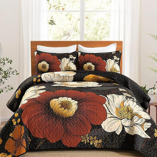 Dintszyayue Black Quilt Set King, 3 Pieces Red Floral Bedspreads Lightweight Coverlet Set for All Seasons, Reversible Quilted Printed Bedding Set with 2 Pillow Shams