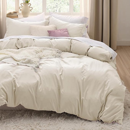 Bedsure Oat Milk Duvet Cover King Size - 3 Pieces Prewashed Cotton-Like Extra Soft Bedding Set, Includes 1 Duvet Cover 104x90 Inches with Zipper Closure & 2 Pillow Shams, Comforter Not Included