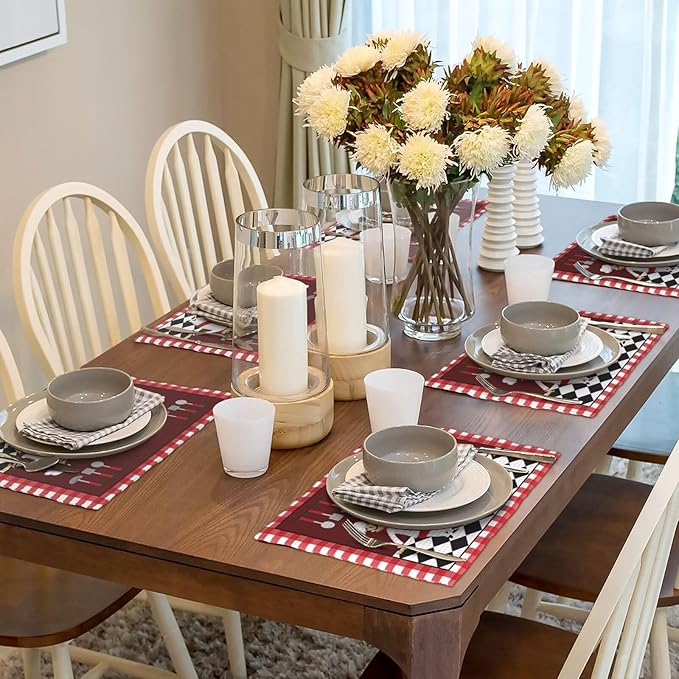 Fat Chef Kitchen Linen Placemats Set of 6 Red Plaid Cooking Theme Placemats for Indoor Outdoor Party Home Desktop Dining Room Decor 12x18 Inch