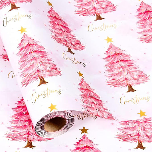 MAYPLUSS Christmas Wrapping Paper Roll - 17IN X 33FT - Pink Gift Wrapping Paper Featuring Christmas Tree Little Star Reversible Cut Lines for Kids, Holiday, New Year