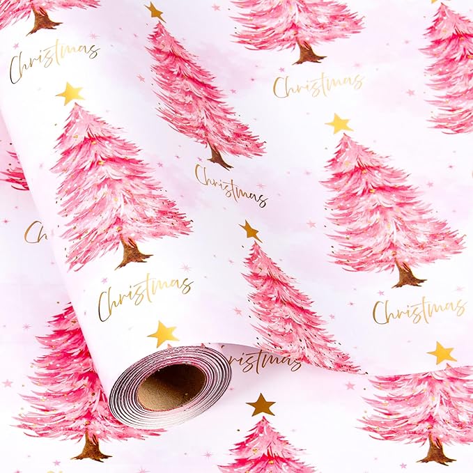 MAYPLUSS Christmas Wrapping Paper Roll, 17IN X 16.5FT Pink Gift Wrapping Paper Featuring Christmas Tree Little Star Reversible Cut Lines for Kids Holiday New Year