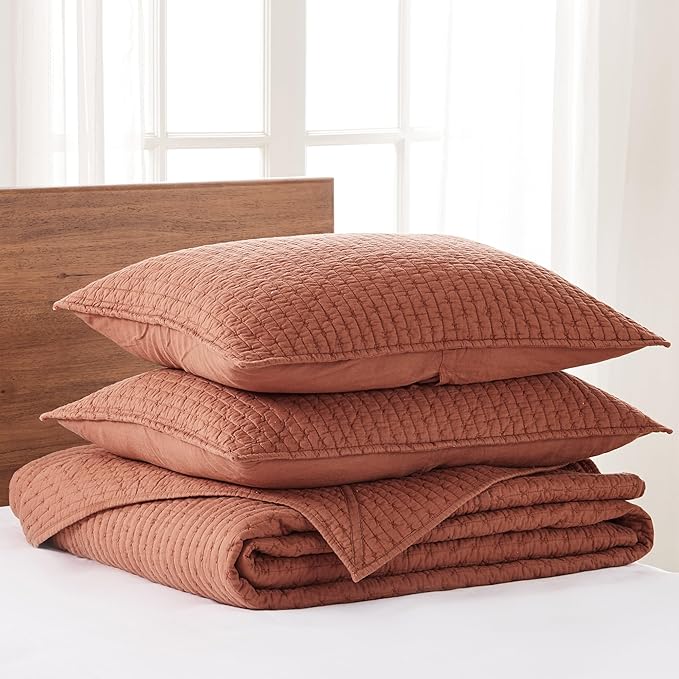 Levtex Home Cross Stitch Reversible Queen Bedspread Set (104x106in) with 2 Pillow Shams (26x20in) - Stitch Texture - Adobe - Cotton Queen Size Bedspread Set - Lightweight, Soft, Pre-Washed