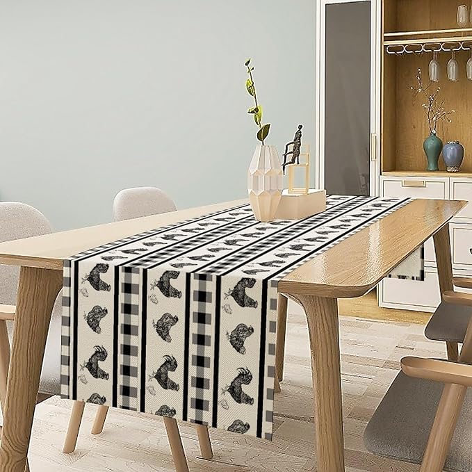 Rooster Table Runner,Farmhouse Animal Vintage Chicken Black White Plaid Check Tablecloth Burlap for Hotel Indoors Outdoor Dining Room Kitchen Home Decor,W13X L36 in