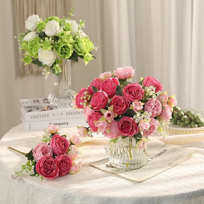 Floweroyal 4 Bunches Peony Artificial Flowers Pink Flowers Silk Peonies Bouquets for Wedding Party Table Centerpieces Floral Arrangement Home Kitchen Decor