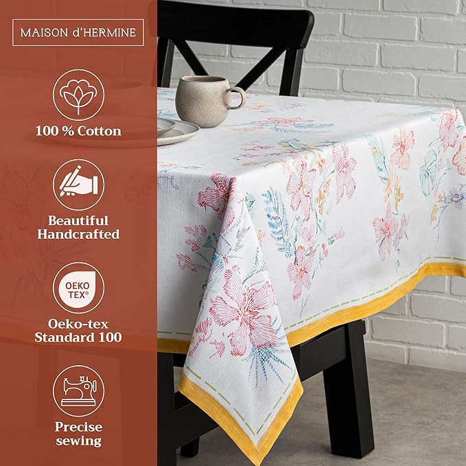 Maison d' Hermine Table Cloth Square Table 100% Cotton 60 x 60 Inches Tablecloth Reusable Decorative for Dining Room, Farmhouse, Home, Party, Festive & Wedding Spring Summer - Paradise Island