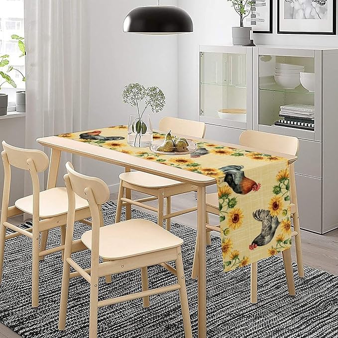 Rooster Sunflower Table Runner Vintage Farm Chicken Flower Dinner Runner for Country Farmhouse Home Kitchen Dinner Table Party Decoration 13x120in