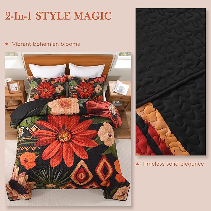 Andency Floral Boho Queen Quilt Bedding Set Black, 3 Pieces Farmhouse Flower Botanical Summer Bedspreads with 2 Shams, Soft Reversible Lightweight Microfiber Coverlet Set for All Season, 90"x96"