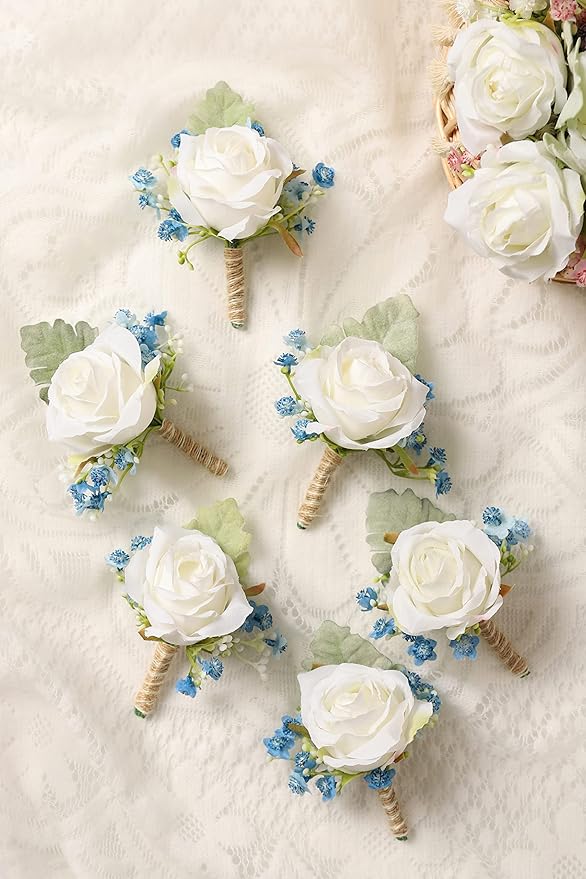 White & Blue Rose Boutonnieres for Men Wedding Baby's Breath Boutonniere for Best Men Groom Groomsmen Wedding Prom Set of 6
