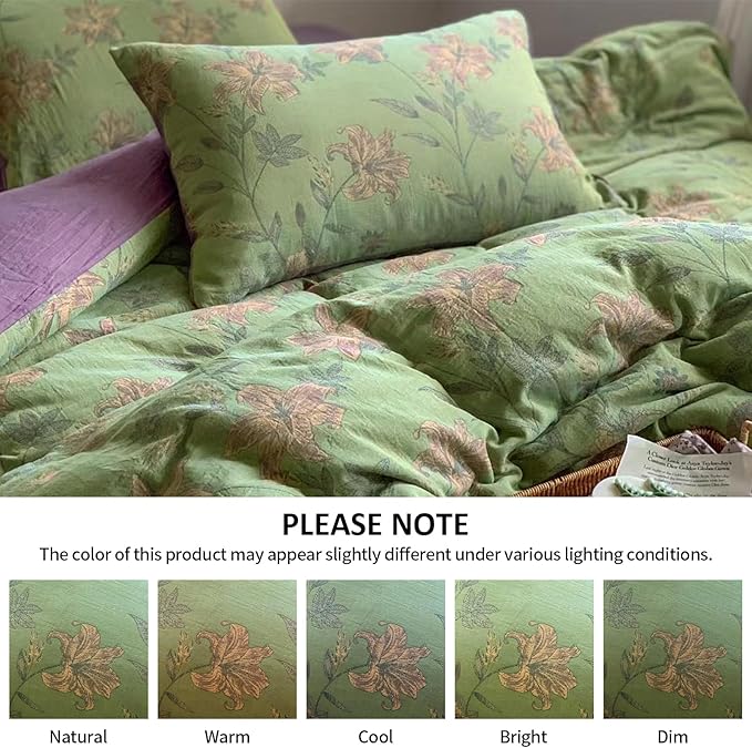VM VOUGEMARKET Green Duvet Cover Set Full,Lily Flower Jacquard Duvet Cover with 2 Pillowcases 3Pcs Yarn-Dyed Linen Cotton Green Purple Bedding Set for Teens Girls Without Comforter-80 x90