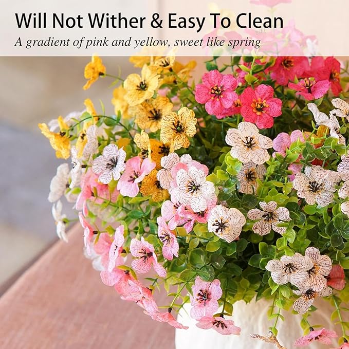Artificial Flowers for Outdoor Indoor Garden Home Decoration, Faux Flower Daisy with Eucalyptus Leaves Fake Plants Greenery Boxwood Porch Patio, 10 Bundles(Pink-White)