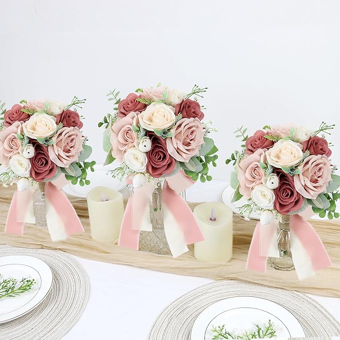 Set of 2 Bridesmaid Bouquets for Wedding - 7 Inch Artificial Flowers Bouquets for Ceremony Anniversary Centerpieces Decorations - Pink and White