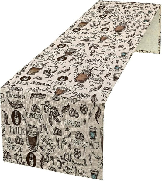 Coffee Theme Table Runner Coffee Time Espresso Seasonal Dinner Runner for Retro Farmhouse Kitchen Dining Coffee Table Decoration Cabin Home Holiday Party 13x120in