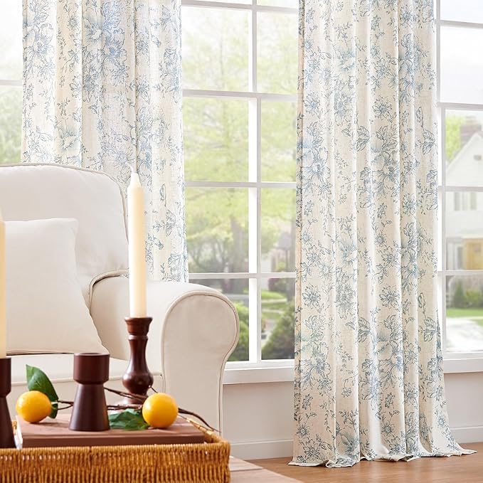 jinchan Linen Blend Curtain Floral Curtains for Living Room 63 Inch Length Blue Printed Curtain Rod Pocket Back Tab Farmhouse Peony Flower Patterned Drapes Bedroom Window Curtains Set 2 Panels
