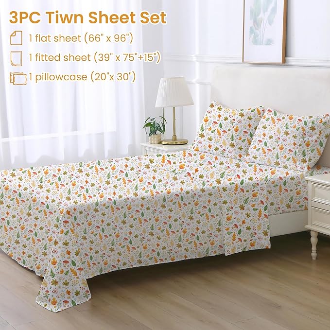 Softan Orange Floral Twin Size Sheet Set, 3-Piece Printed Microfiber Fitted Sheet with 15" Deep Pockets & Non-Slip Straps, Maple Leaves & Mushroom Patterned Bedding Sheets & Pillowcase Set