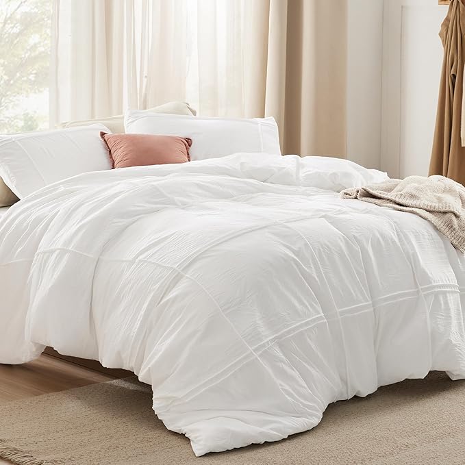 Bedsure Grid Boho Duvet Cover King Size - Shabby Chic Tufted Boho Bedding Set, 3 Pieces Shabby Chic Home Bedding for All Seasons, Includes 1 King Duvet Cover & 2 Pillowcases (White, 104" x 90")