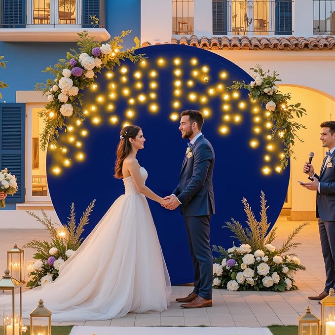 6.6 FT Navy Blue Round Backdrop Cover with Lights String for Circle Arch Stand Circle Backdrop Covers with LED Fairy Lights for Wedding Arch Baby Shower Birthday Party Photo Photography Background