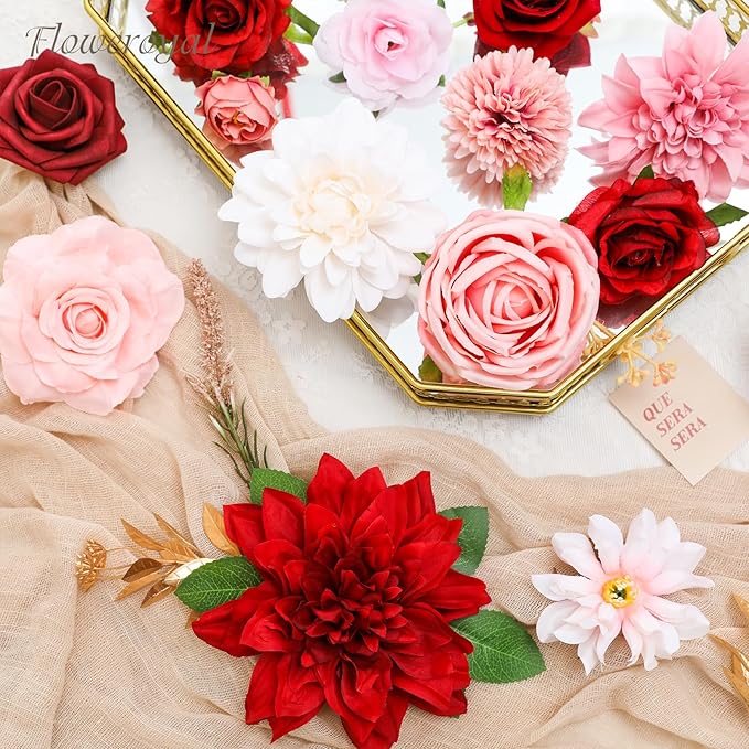 Floweroyal Artificial Flowers Combo Red Flowers Mix Silk Flowers Dahlia Roses with Stems for DIY Wedding Bridal Bouquets, Baby Shower, Floral Arrangement, Table Centerpieces, Home Decorations.