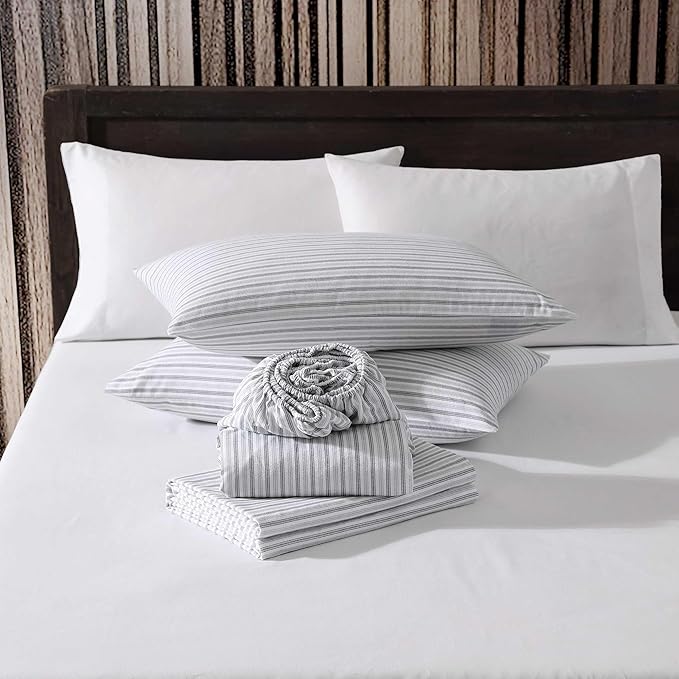 Eddie Bauer - Queen Bed Sheets, Cotton Flannel Bedding Set with Matching Pillowcases, Brushed for Extra Softness, Deep Pocket, Oeko-Tex Certified (Ticking Stripe Grey)