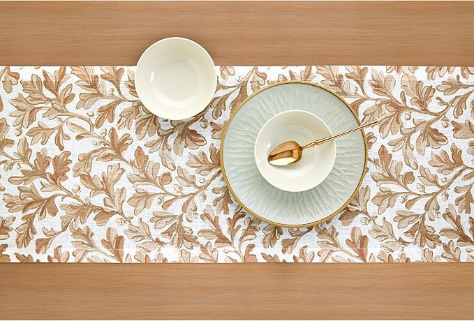 Solino Home 100% Pure Linen Fall Table Runner 120 Inches Long - Floral Print Table Runner 14 x 120 Inch for Autumn - Handcrafted and Machine Washable - Fallen Leaves Print