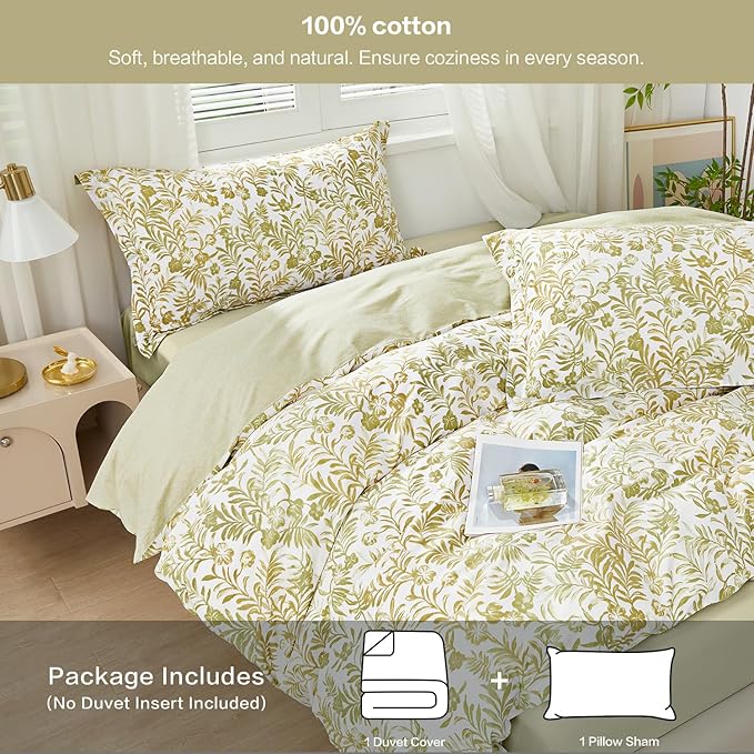 SAPHREAS Leaves Pattern Duvet Cover Set Twin Size 2pcs 100% Cotton Soft Leaf Bedding Comforter Cover Set 1 Duvet Cover 1 Pillow Sham, Comforter Not Included