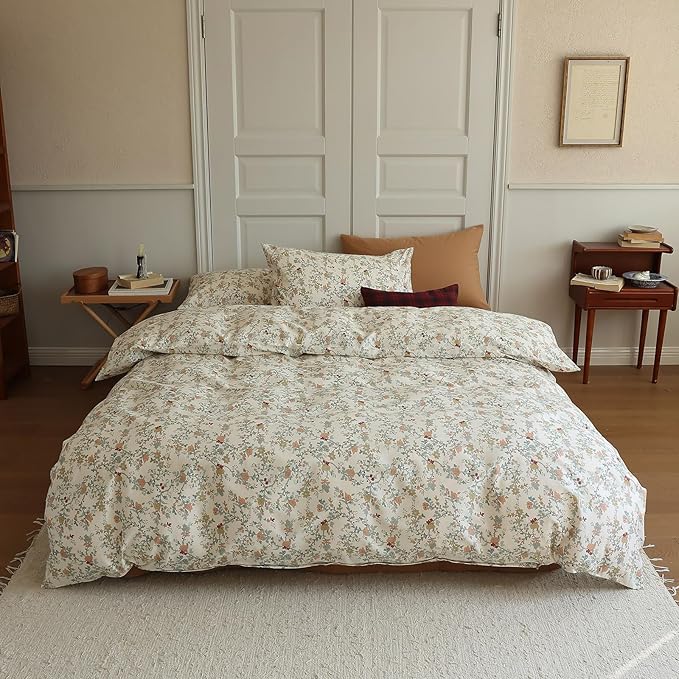 LifeTB Vintage Flower Duvet Cover Set Twin 100% Cotton Botanical Floral Duvet Cover Chic Branches Floral Bedding Set Flower Blossom Comfoter Cover with Zipper Ties Cottagecore Bedding Set