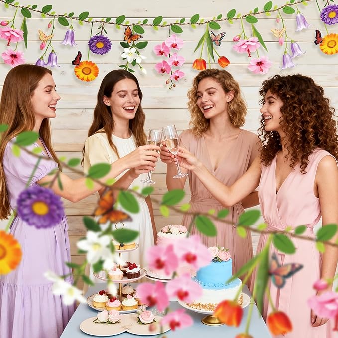 2PCS Flower Banner Reusable Wildflower Garland Floral for Spring Party Enchanted Garden Theme Picnic Wedding Baby Shower Birthday Tea Party Christmas Supplies Home Decorations
