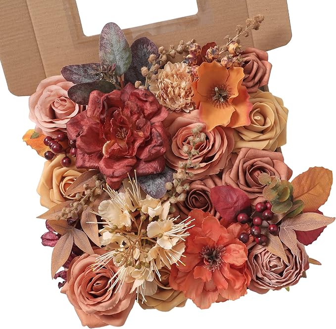 Artificial Flowers Combo Box Set Burnt Orange Fake Flower Leaf Box with Stems for DIY Wedding Bouquets Centerpieces Arch Arrangement Baby Shower Party Home Decorations
