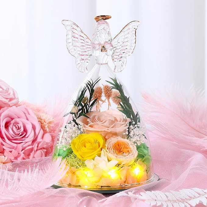 Christmas Rose Gifts for Women Preserved Real Flower in Glass Angel Figurines Roses for Delivery Prime Birthday Gifts for Mom Grandma Girlfriend Wife Her, Champagne Austin Roses