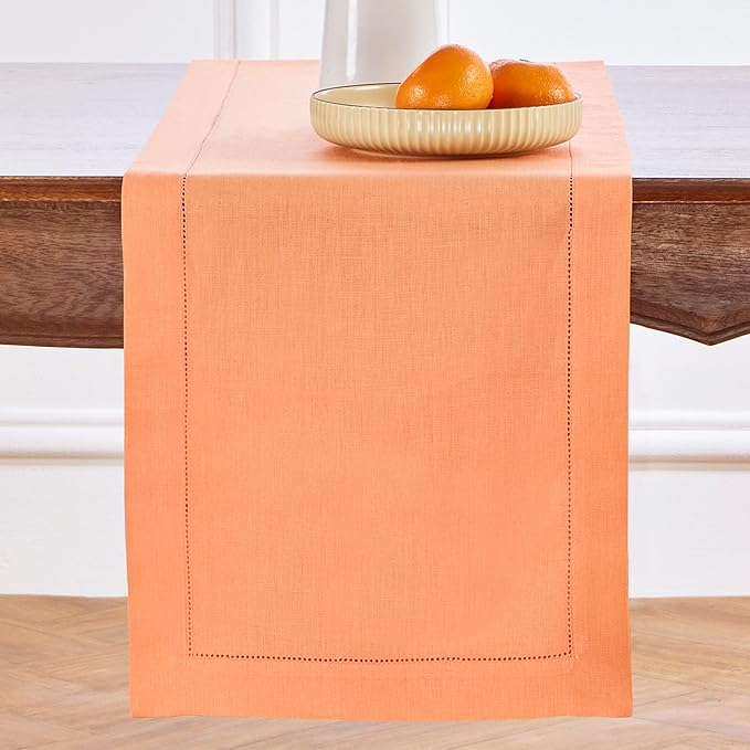Solino Home Linen Coral Table Runner 144 Inches Long - 100% Pure Linen Extra Long Table Runner 14 x 144 Inch for Valentines, Spring, Easter - Classic Hemstitch