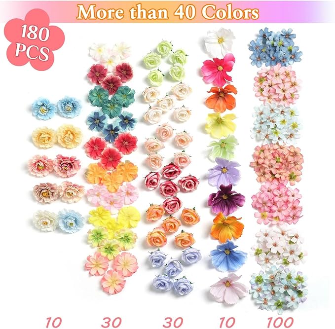 180Pcs Mini Fake Flower Heads Multicolor Small Silk Faux Flower Heads Artificial Rose Daisy Flowers Bulk for Cake Crafts DIY Graduation Cap Wedding Hair Dresses Wreath Party Home Decor