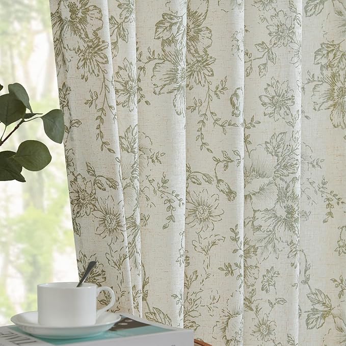 jinchan Linen Blend Floral Curtains for Living Room 108 Inches Extra Long Christmas Green Peony Flower Printed Curtain Back Tab Farmhouse Patterned Drapes Bedroom Window Curtains Set 2 Panels
