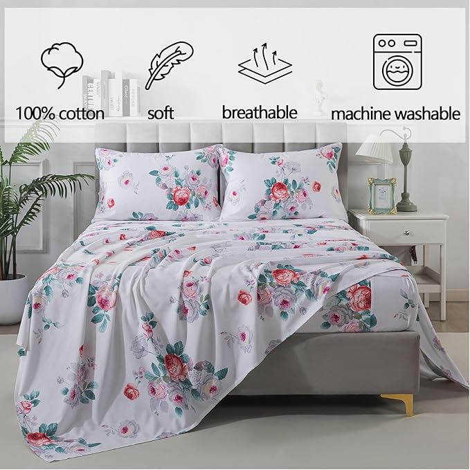 FADFAY Red Vintage Peony Floral King Size Sheets Set 100% Brushed Cotton Shabby Purple Rose Pattern Bedding Set Deep Pocket Sheets with 2 Pillowcases Luxury Breathable Soft 4pcs, King Size