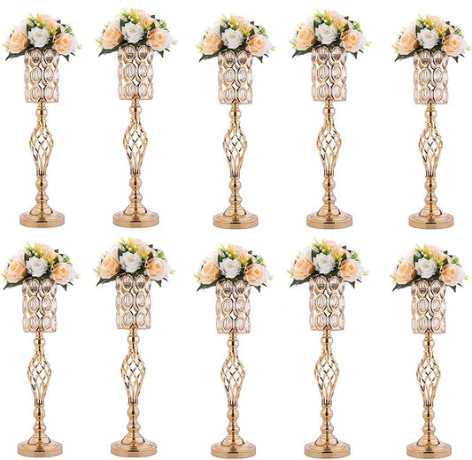 Set of 10 Metal Diamond Crystal Wedding Centerpiece Vases for Tables, 24in Gold Versatile Tall Flower Holders Centerpiece Flower Stands for Wedding Party Reception Dining Room Living Room Décor