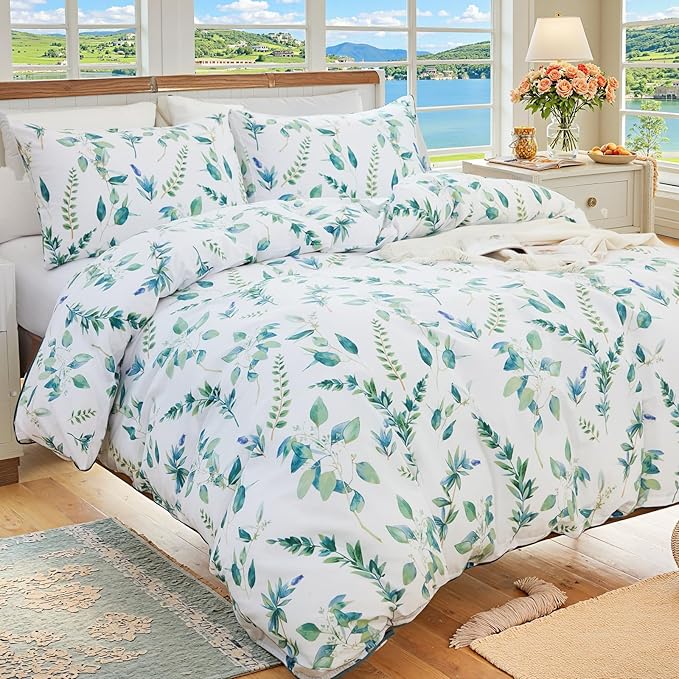 Botanical 100% Cotton Duvet Cover King Size - 3Pcs Mint Green Printed with Sage & Emerald Leaves on White,Reversible Lightweight and Soft Bedding Sets