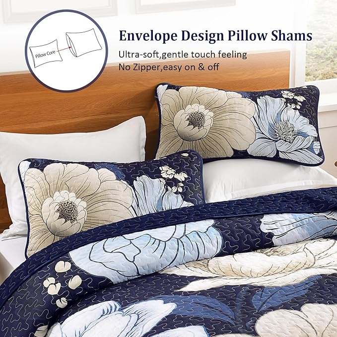 Dintszyayue Blue Quilt Set King, 3 Pieces Floral Bedspreads Lightweight Coverlet Set for All Seasons, Reversible Quilted Printed Bedding Set with 2 Pillow Shams
