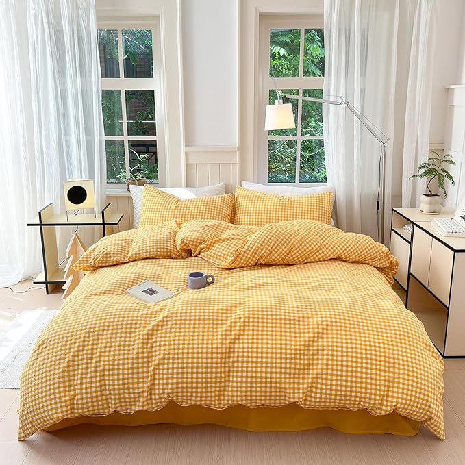 LifeTB Yellow Gingham Comforter King Comforter Set Geometric Checkered Plaid Bedding Comforter with 2 Pillowcases Fluffy Soft Lightweight Bedding Boho Grid Plaid Comforter Set King for All Seasons