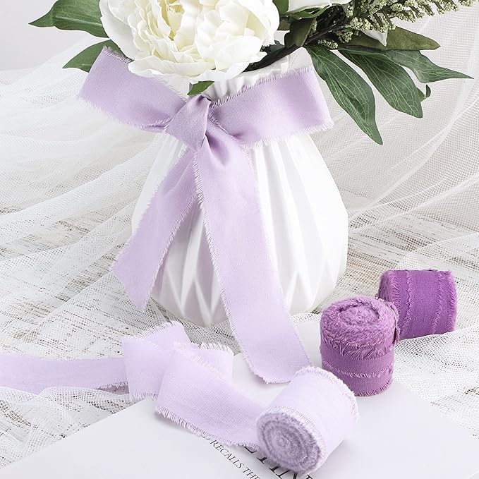 Purple Ribbon 1-1/2 x 15 Yards Handmade Cotton Frayed Fringe Fabric Ribbons for Crafts Flower Bouquets Wedding Baby Shower Home DIY Decor