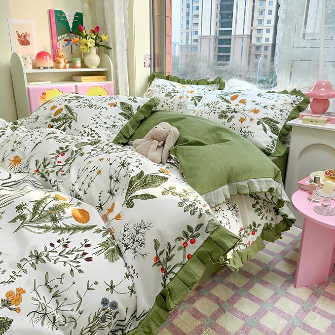 Botanical Floral Duvet Cover with Green Ruffle 100% Cotton Vibrant Flower Duvet Cover Twin Girls Romantic Comforter Cover Princess Lace Coquette Bedding Vintage Aesthetic Flower Comforter Cover Twin