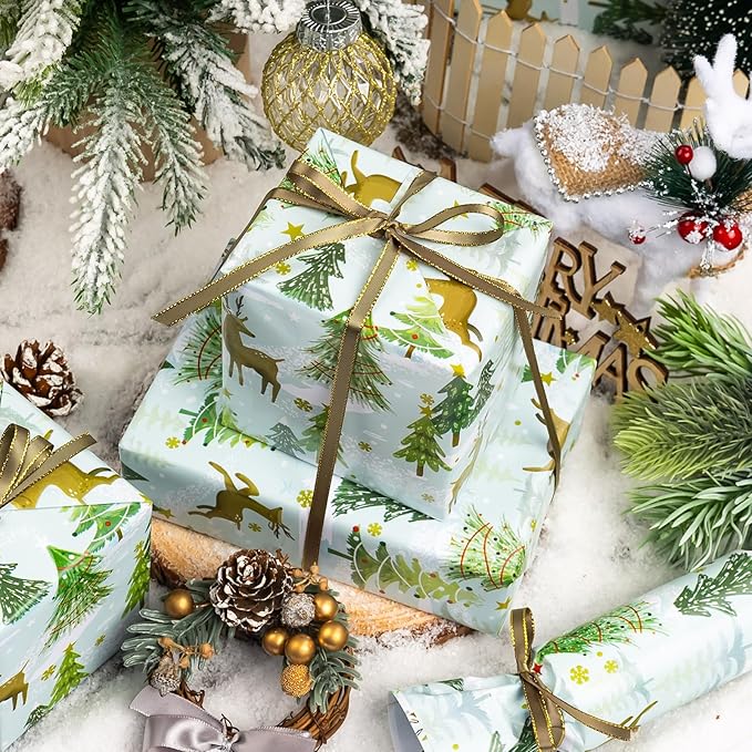 MAYPLUSS Christmas Wrapping Paper - 17 In x 33 Feet - Cute Watercolor Winter Snowy Wonderland Deer and Christmas Tree Print Holiday Gift Wrap Paper for New Year, Xmas Gift Wrap, Party, Nature Lover