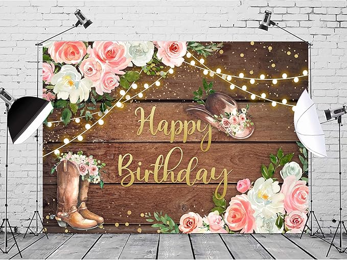 SVBright Cowgirl Birthday Backdrop 8Wx6H Western Rustic Country Wooden Plank Pink Flower Floral Happy Birthday Baby Shower Hat Plant Decorations Photography Background Banner Photo Booth Studio