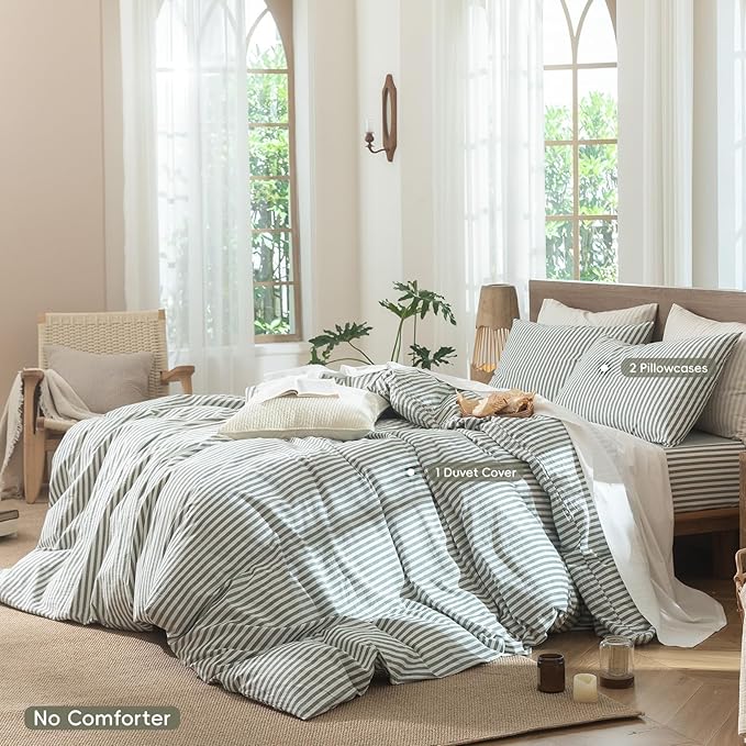 MooMee Striped Duvet Cover Set 100% Washed Cotton Linen Like Textured Breathable Durable Soft Comfy (Heathered Green Classic Stripes, Alaska King 132"x120")
