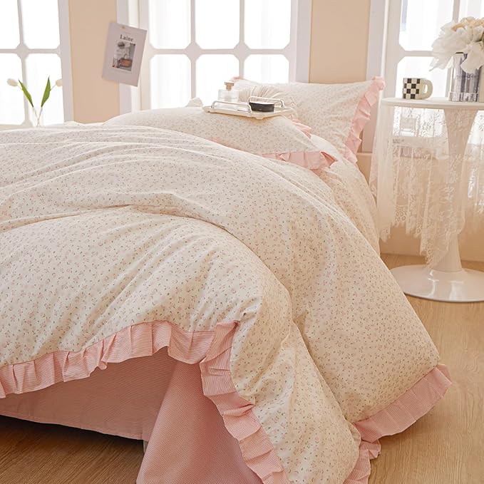 VM VOUGEMARKET Pink Flower Comforter Set Twin XL 3 Pieces Ruffle Comforter with 2 Pillow Shams Romantic Princess Bedding Comforter Set for Teen Girls-68 x90