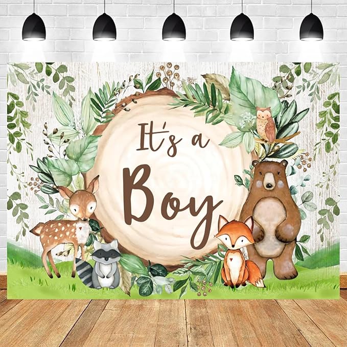 15x10ft Woodland Baby Shower Backdrop It's a Boy Photography Background Jungle Green Grass Safari Animals Bear Fox Baby Boys Party Banner Decorations Newborn Portrait Photo Booth Prop