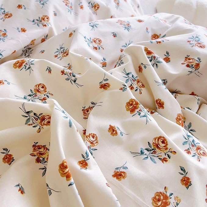 EAVD Cute Garden Floral Duvet Cover with Ruffles Soft Cotton Chic French Romantic Floral Bedding Set with 2 Pillowcases Reversible Botanical Print Duvet Cover with Zipper Closure