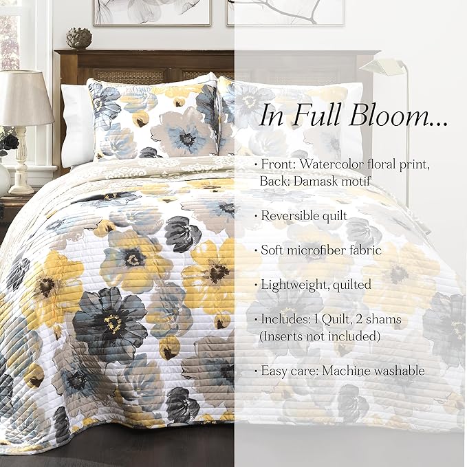 Lush Decor Leah Reversible Floral Quilt Set, 3 Piece Set, King, Yellow & Gray - Watercolor Botanical - Cottage Core - French Country Decor- Bedding Queen Size