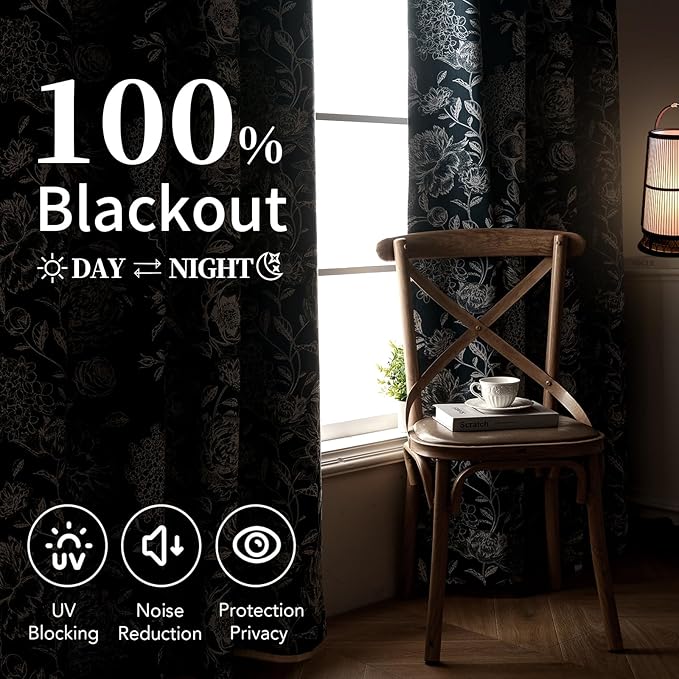 Cortina para Sala Blue Peony Blackout Curtains - Extra Long Floral Curtains, Vintage Blackout Curtains for Home Theater, Cotton Blend Printed Curtains, 52" W x 96" L